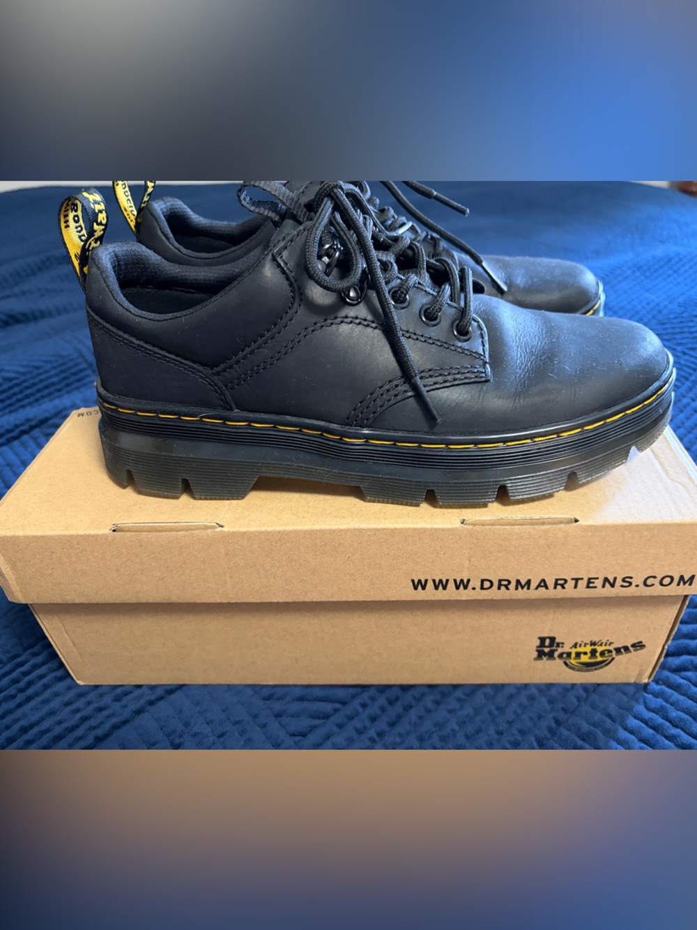 Dr. Martens Black Leather Lace-Up Boots with Yellow Welt Stitching